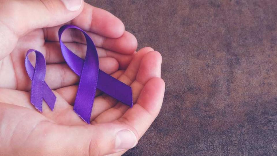 Domestic Violence hands with purple ribbons